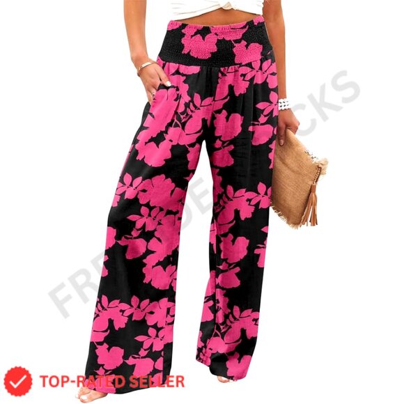 High Waisted Palazzo Pants Wide Leg Lounge Trousers Elastic Waist Pockets